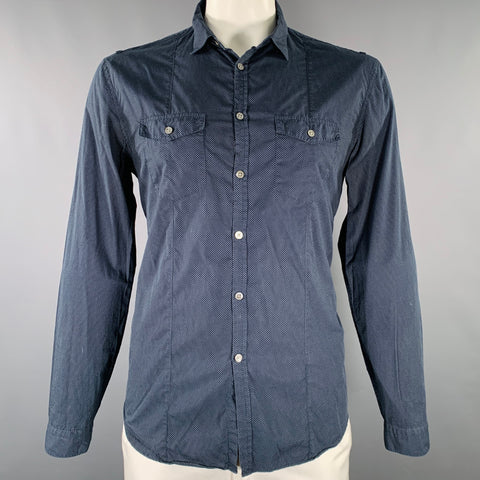 JOHN VARVATOS Size L Navy White Nailhead Cotton Patch Pocket Long Sleeve Shirt