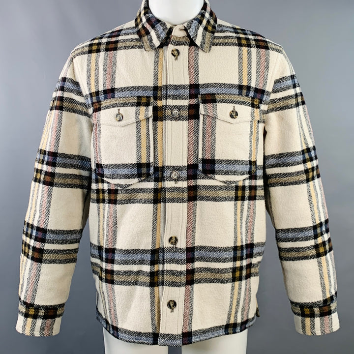 ISABEL MARANT ETOILE Size XS Cream Plaid Polyester Oversized Flannel Shirt Jacket