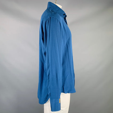 BILLIONAIRE COUTURE Size XL Blue Jacquard Silk Button Up Long Sleeve Shirt