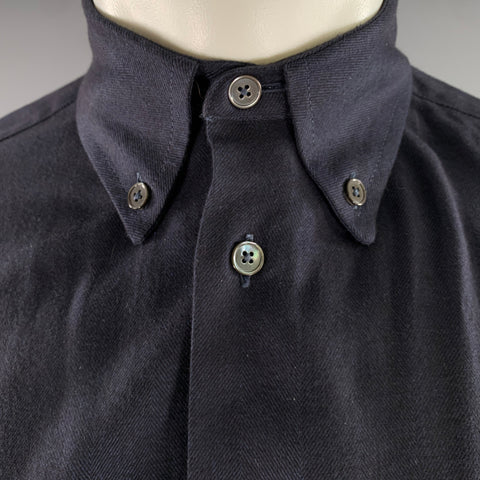 PAUL SMITH Size S Navy Herringbone Flannel Cotton Blend Button Down Shirt