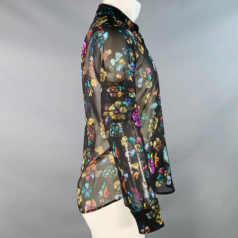 DRIES VAN NOTEN Size XS Black Multi Color Floral Sequined Long Sleeve Shirt