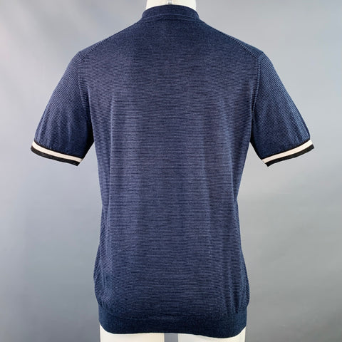LANVIN Size M Navy Black Stripe Wool Blend One Pocket Polo
