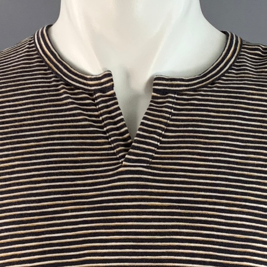 VINCE Size S Navy Yellow & White Stripe Cotton Open Collar Pullover
