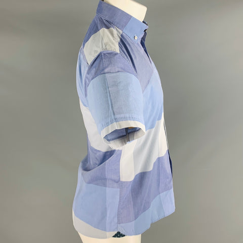 TED BAKER Size M Blue Light Blue Checkered Cotton One Pocket Short Sleeve Shirt