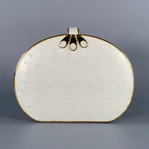 Pochette ronde VINTAGE en cuir d'autruche blanc et or
