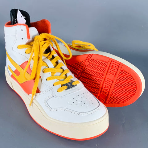 DIESEL Size 10.5 S Ukiyo Mid White Orange Yellow Color Block Leather High Top Sneakers