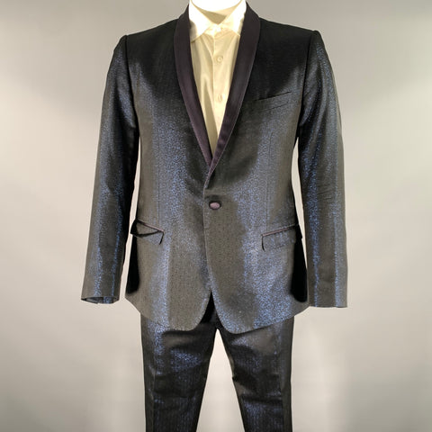 DOLCE & GABBANA Size 44 Navy Black Shimmer Jacquard Acetate Blend Shawl Lapel Tuxedo