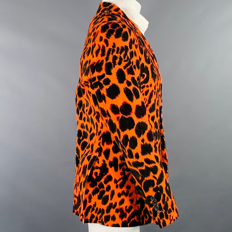 R13 Size 38 Orange Black Leopard  Print Cotton Velvet Notch Lapel Sport Coat