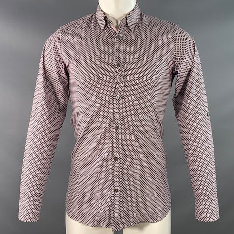 TED BAKER Size XS Nugate Burgundy White Abstract Floral Cotton Roll Tab Long Sleeve Shirt