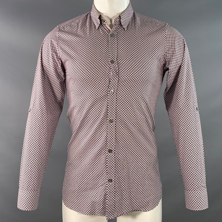 TED BAKER Size XS Nugate Burgundy White Abstract Floral Cotton Roll Tab Long Sleeve Shirt