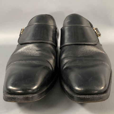 TOM FORD FW2020 Size 8 Black Gold J0107 T Leather Monk Strap Loafers