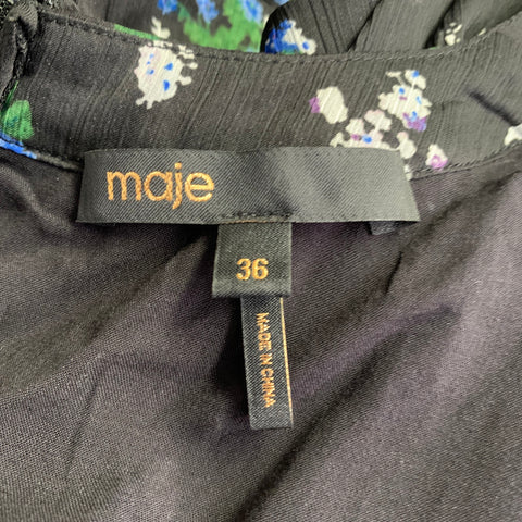MAJE Size S Black Green Blue Chiffon Floral Cutout Midi Dress