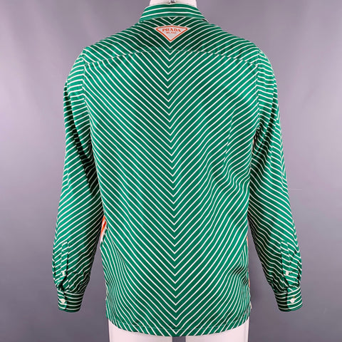 PRADA Size M Green White Stripe Silk One Pocket Long Sleeve Shirt