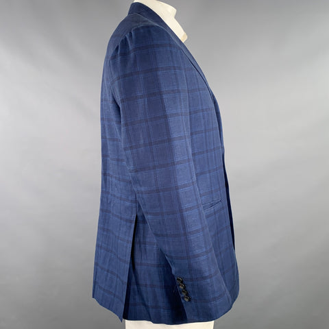 SARTORIO Veste de sport croisée en laine et lin à carreaux bleu et noir, taille 44