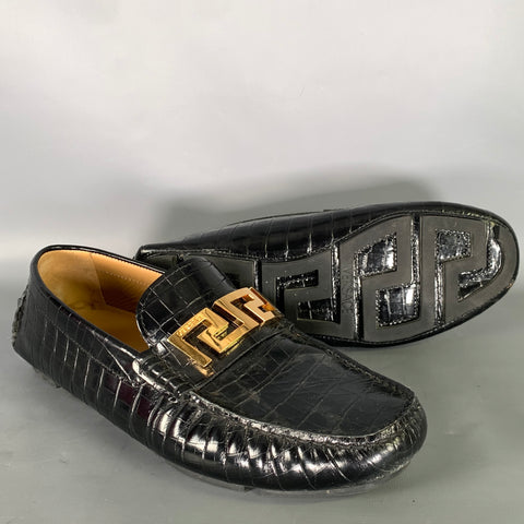 VERSACE Size 10 Black Gold Embossed Leather Slip On Loafers