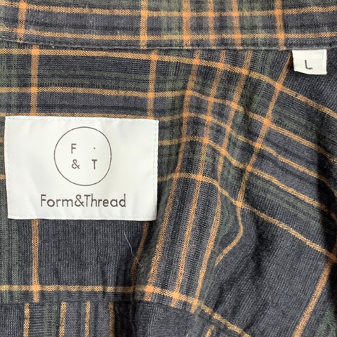 FORM & THREAD Size L Grey Green Yellow Plaid Cotton Linen Long Sleeve Shirt