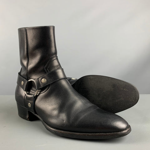 SAINT LAURENT Size 9 Black Leather Harness Boots