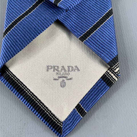 PRADA Blue Black White Diagonal Stripe Silk Tie