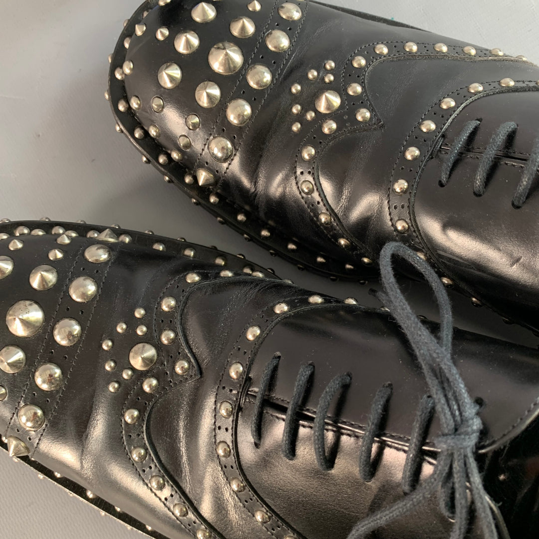 PRADA Size 10 Black Silver Studded Leather Cap Toe Lace Up Shoes