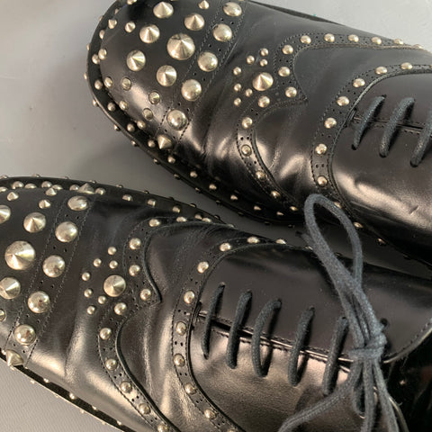 PRADA Size 10 Black Silver Studded Leather Cap Toe Lace Up Shoes