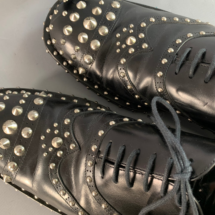 PRADA Size 10 Black Silver Studded Leather Cap Toe Lace Up Shoes