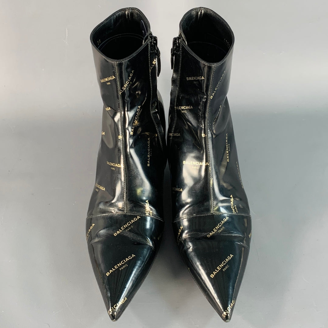 BALENCIAGA Size 8 Black Gold Logo Patent Leather Ankle Kitten Heel Boots