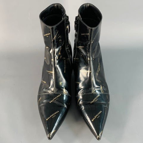 BALENCIAGA Size 8 Black Gold Logo Patent Leather Ankle Kitten Heel Boots