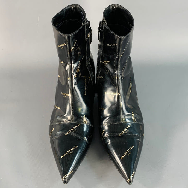 BALENCIAGA Size 8 Black Gold Logo Patent Leather Ankle Kitten Heel Boots