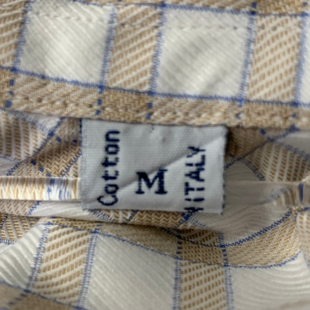 BRIONI Size L White Blue Tan Gingham Cotton Pointed Long Sleeve Shirt