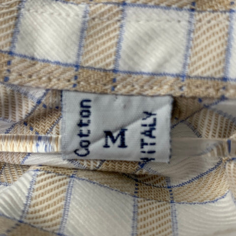 BRIONI Size L White Blue Tan Gingham Cotton Pointed Long Sleeve Shirt