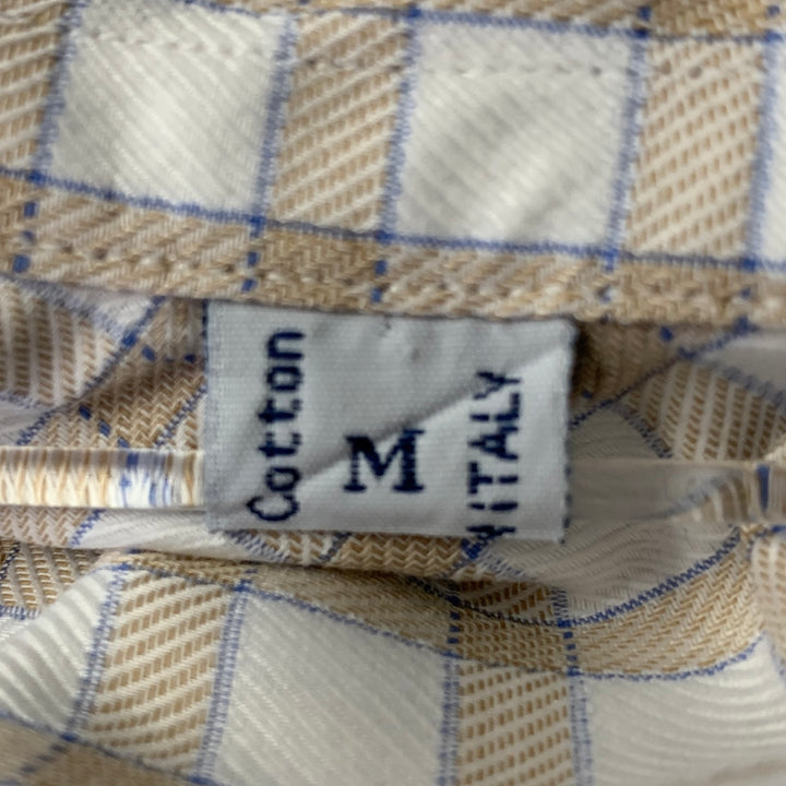 BRIONI Size L White Blue Tan Gingham Cotton Pointed Long Sleeve Shirt
