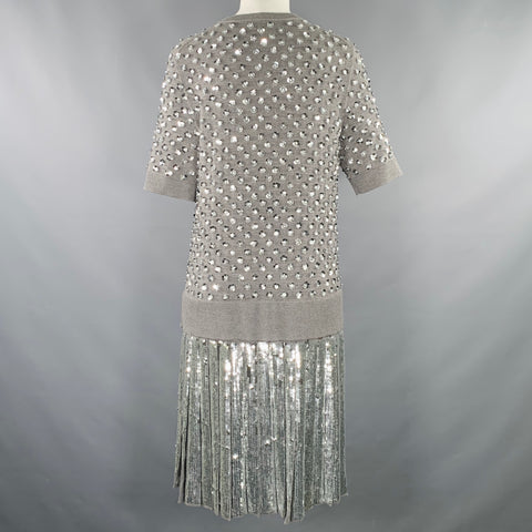 MICHAEL KORS COLLECTION Size L Grey Silver Merino Wool Sequined Pleated Dress
