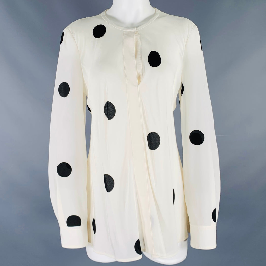 DEREK LAM Size 6 White Black Silk Polka Dot Collarless Blouse