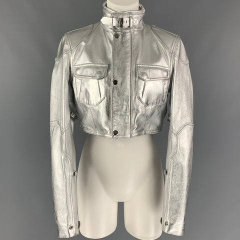 RALPH LAUREN Black Label Size M Silver Leather Metallic Lambskin Jacket