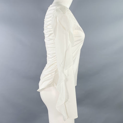 ANNE FONTAINE Size 4 Seleste White Cotton Blend Ruched Ruffled Long Sleeve Casual Top