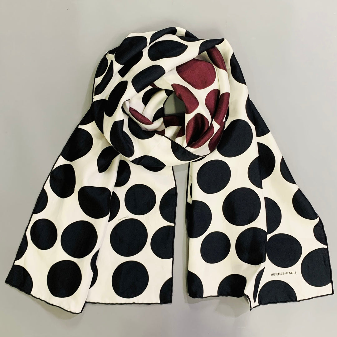 HERMES Purple Black White Two Tone Polka Dot Silk Twill Scarf