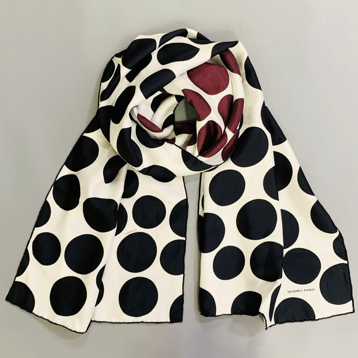 HERMES Purple Black White Two Tone Polka Dot Silk Twill Scarf
