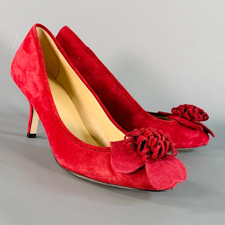 KATE SPADE Size 7.5 Burgundy Suede Floral Applique Kitten Heel Pumps