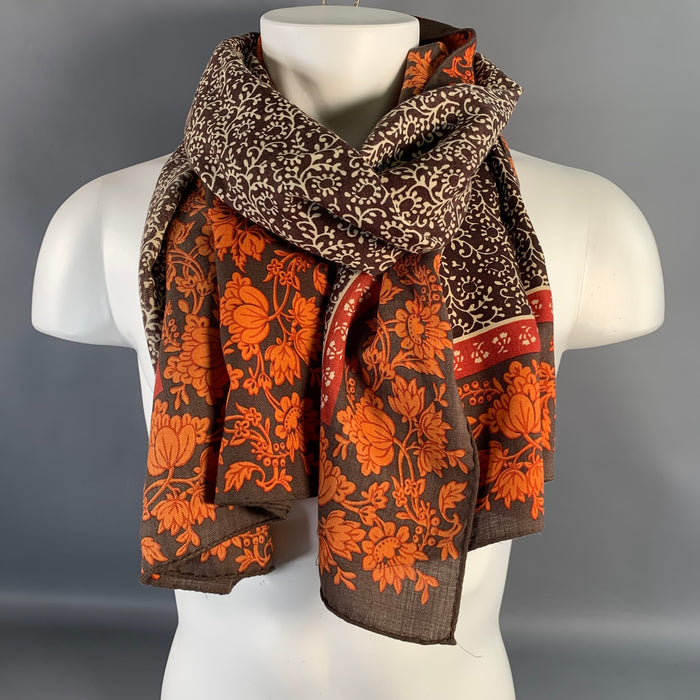 ERMENEGILDO ZEGNA Brown Orange Floral Wool Silk Scarf Shawl