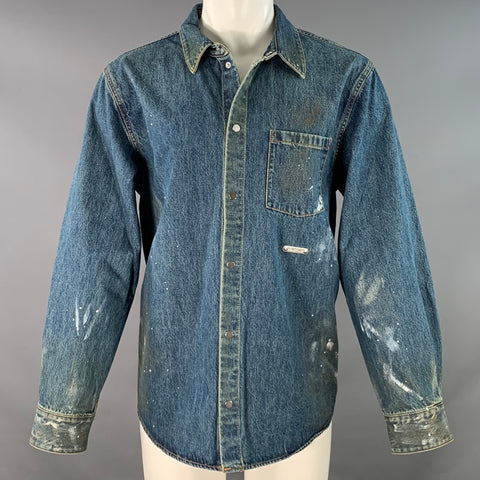 HELMUT LANG Size M Indigo Painter Blue Paint Splatter Cotton One Pocket Snaps Jacket