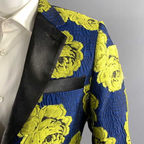 TAILORED RECREATION Chest Size 36 Blue Yellow Jacquard Tuxedo Sport Coat
