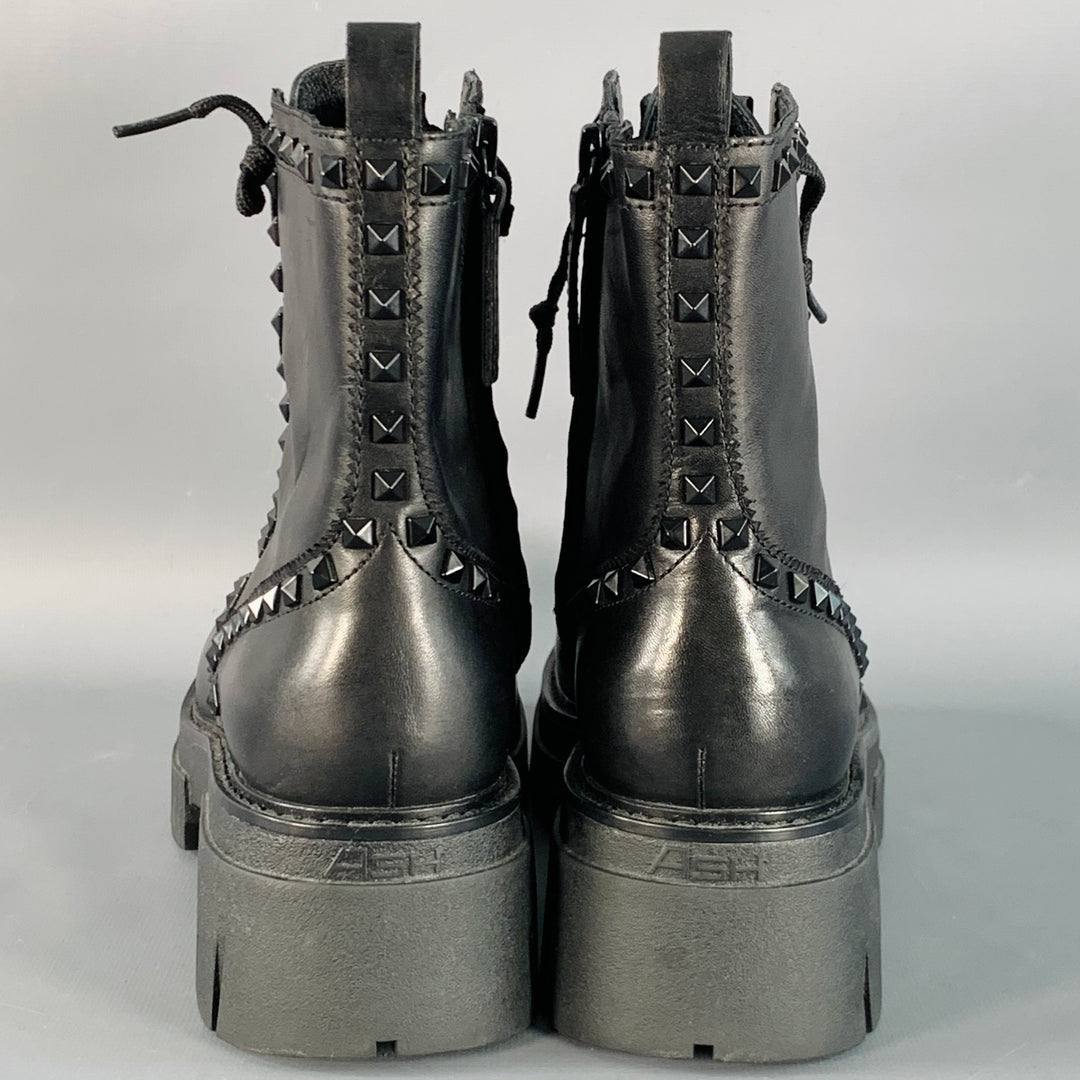 ASH Size 10 Lynch Studs Black Studded Leather Lug Sole Zip Up Combat Boots