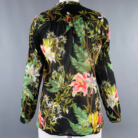 ISABEL MARANT Size 2 Black Multi Color Cotton Floral Long Placket Casual Top