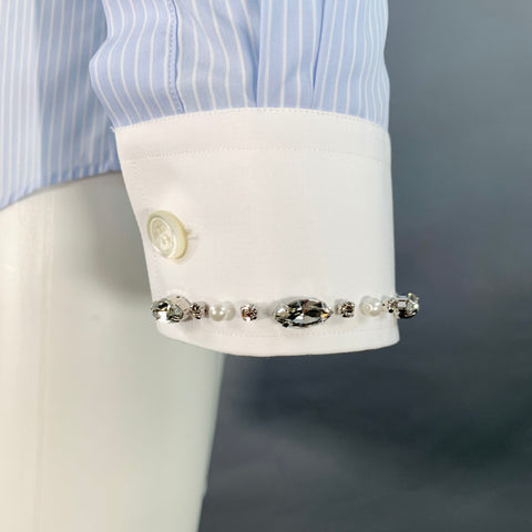 Chemise longue BURBERRY Taille S Rayures bleues et blanches Coton Embellissement en cristal Une poche Manches longues