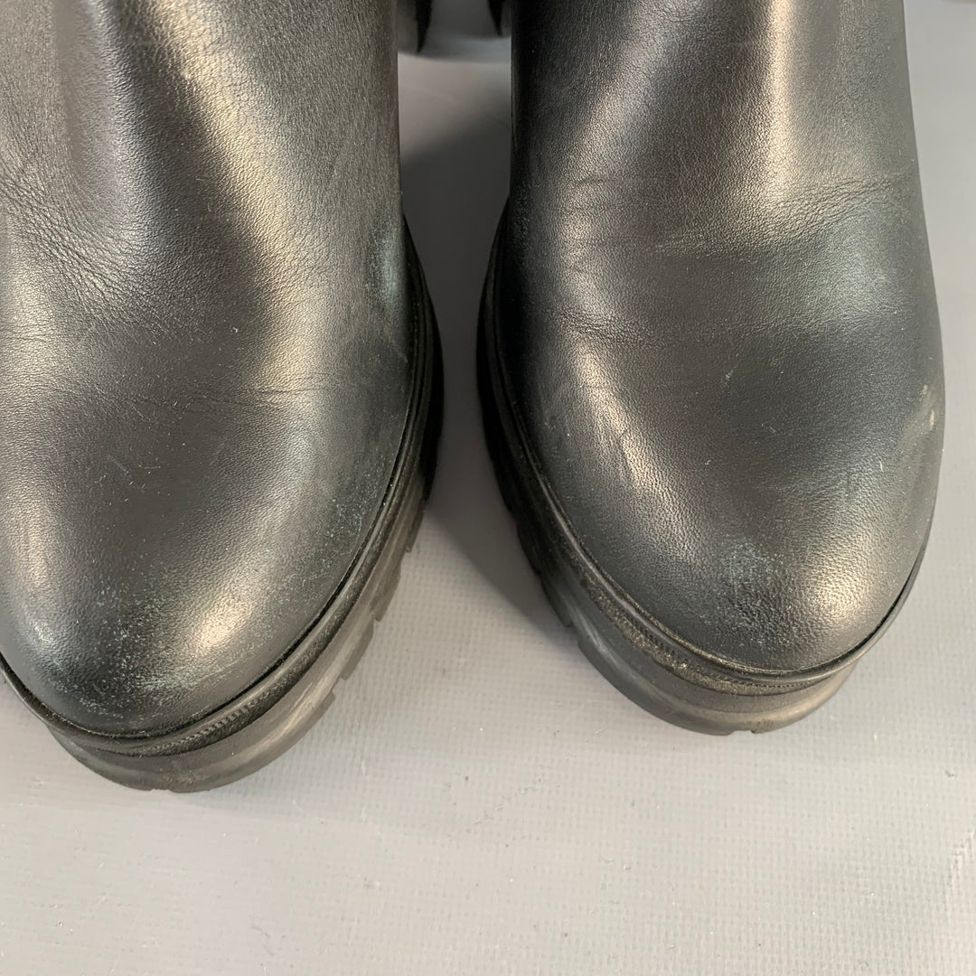 PRADA Size 6 Black Leather Tread Sole Stacked Heel Boots