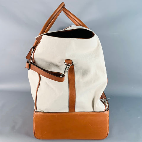 BRUNELLO CUCINELLI Brown Cream Canvas Leather Oversized Weekender Bag