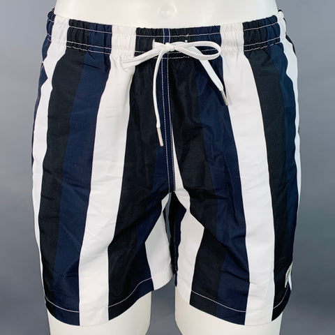 BATHER Size S Black Navy White Stripe Nylon Blend Drawstring Swim Trunks