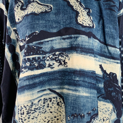 45rpm Size S Indigo Blue Cotton Mixed Patterns Print Blouse