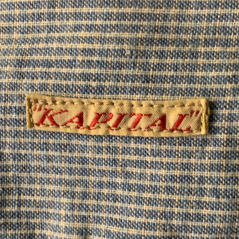 KAPITAL Size XL Blue White Stripe Cotton Linen Band Collar Long Sleeve Shirt