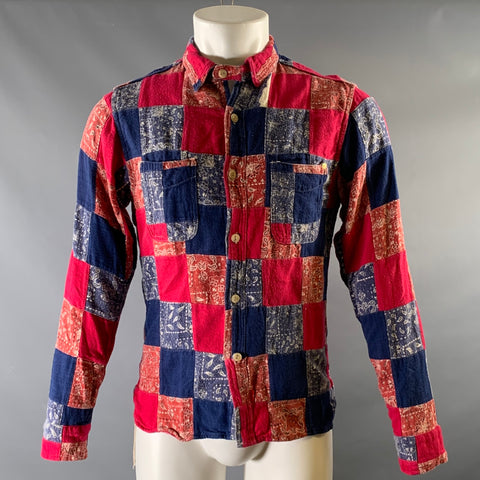 ANACHRONORM Taille S Bleu Rouge Bandana Patchwork Coton Chemise de Travail à Manches Longues
